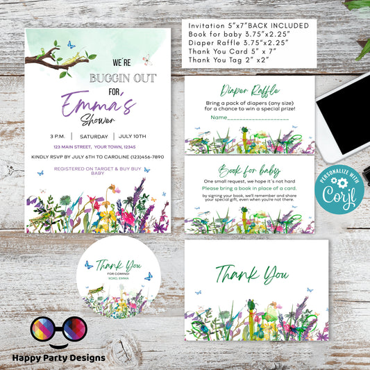 EDITABLE bugs Baby shower invitation bundle | diaper raffle, books for baby, thank you tag, thank you card | insects baby shower | #B27