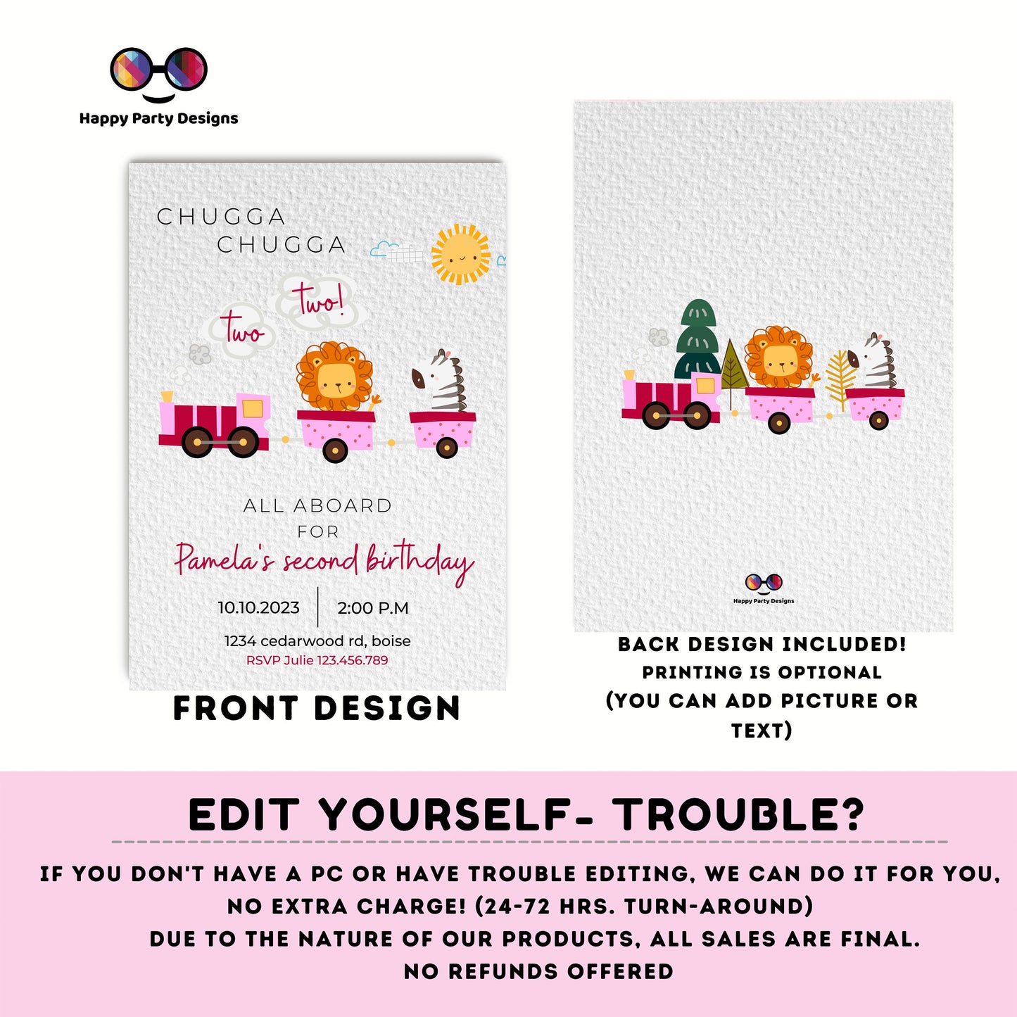 Train Invitation Chugga Chugga Two Two | Train Second Birthday Invitation | Editable Corjl Train Party | girl Birthday Trains #K128