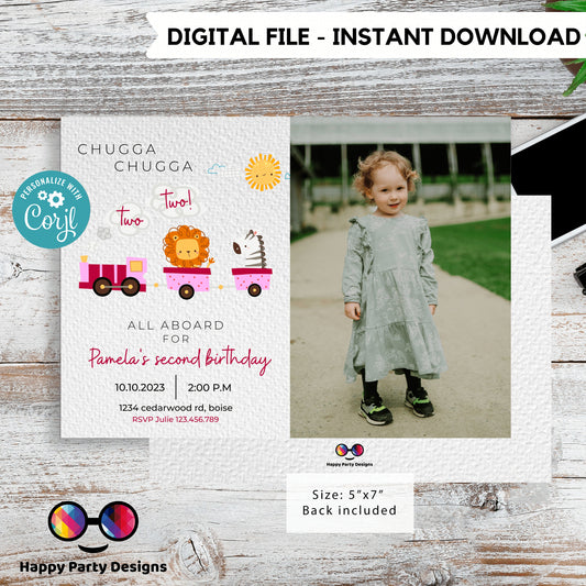 Train Invitation Chugga Chugga Two Two with photo | Train Second Birthday Invite | Editable Corjl Train Party | girl Birthday Trains #K128