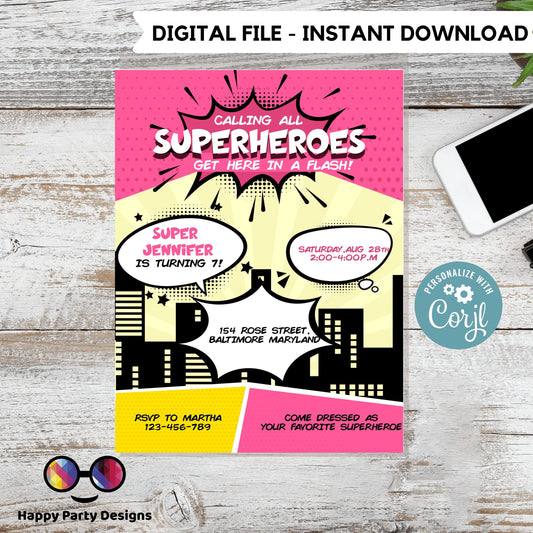 Girl Superhero Invitation | Girl Superhero Comic Birthday Invite | Birthday girl | Girl Superhero Birthday Invitation  #K129