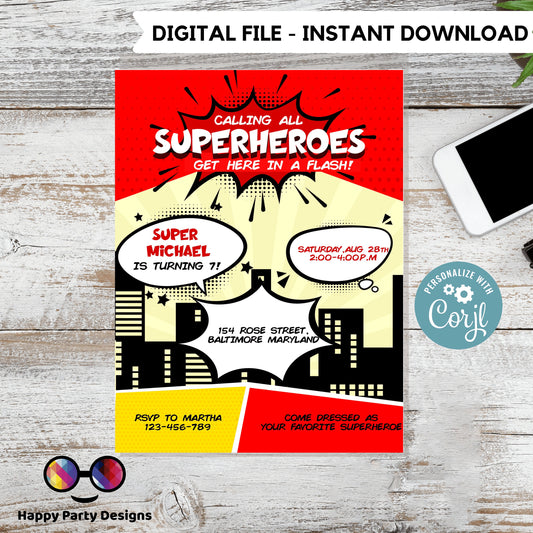 Girl Superhero Invitation | Girl Superhero Comic Birthday Invite | Birthday boy | boy Superhero Birthday Invitation  #K129