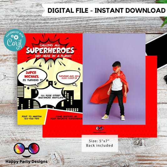 Boy Superhero Invitation with photo | boy Superhero Comic Birthday Invite | Birthday boy | boy Superhero Birthday Invitation  #K129