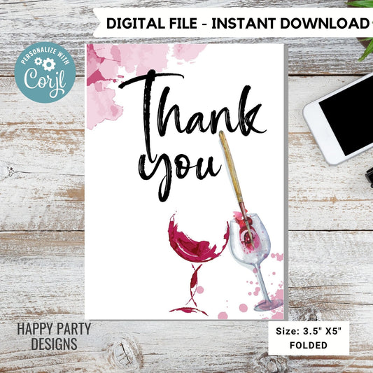 paint and sip Thank You Card Download | Bridal Shower | Baby Shower | Folded Notes Blank Inside | Printable wine Thank You Note  #W7