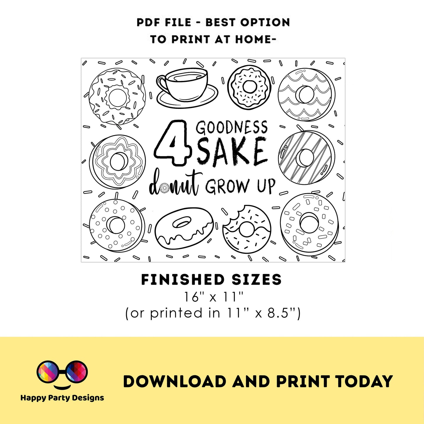 Donuts coloring page | Instant download | Donuts coloring page | Any Age | Cute Donut party | Donut Miss the Party - Party  Activity #K123