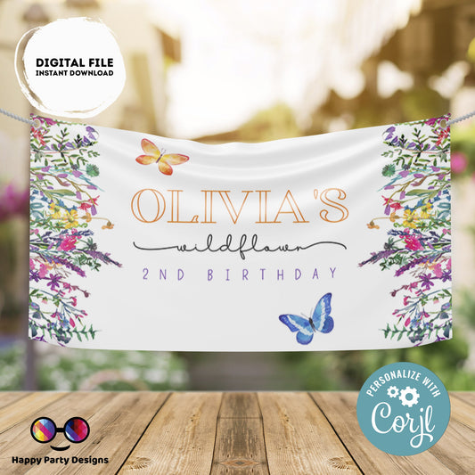Editable Wildflower Backdrop | Wildflower Birthday Banner | Birthday Girl | Boho Rainbow party | Flowers | Garden Party #K73