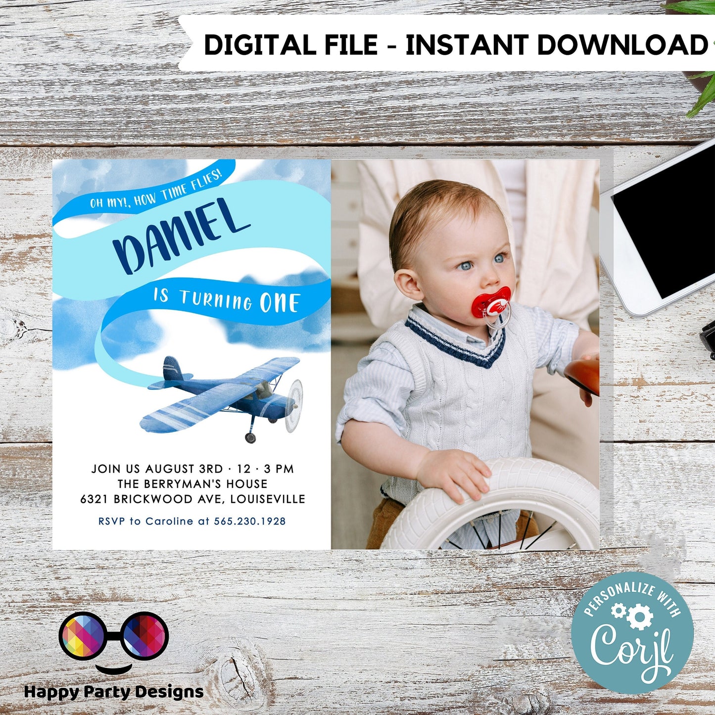 Airplane Birthday Invitation | Airplane Party | Plane invitation | Editable Photo invitation | Edit Online NOW Corjl | INSTANT ACCESS #K132