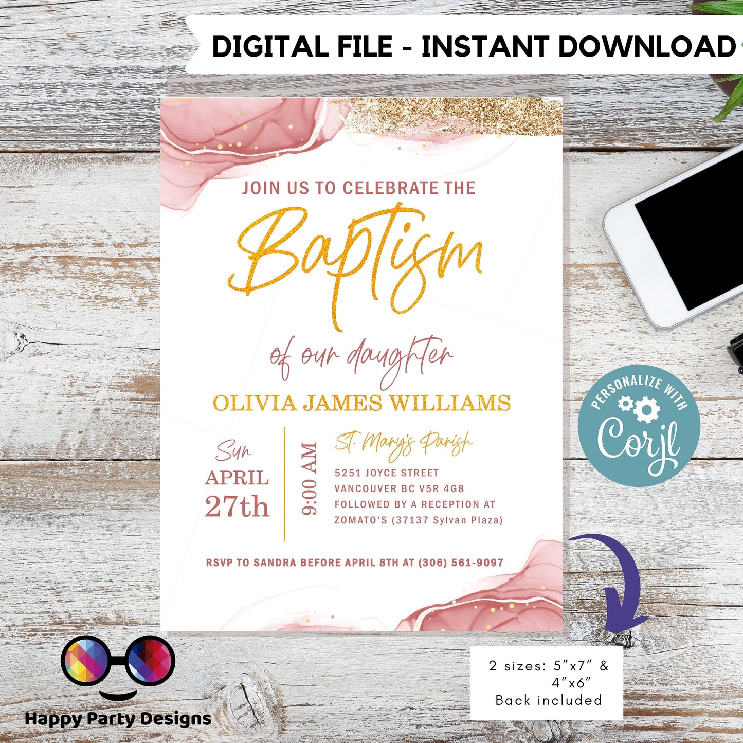 Pink Watercolor Baptism Invitation Template | Gold Christening Baptism | Invitation Girl | Christening | Instant Download #R1