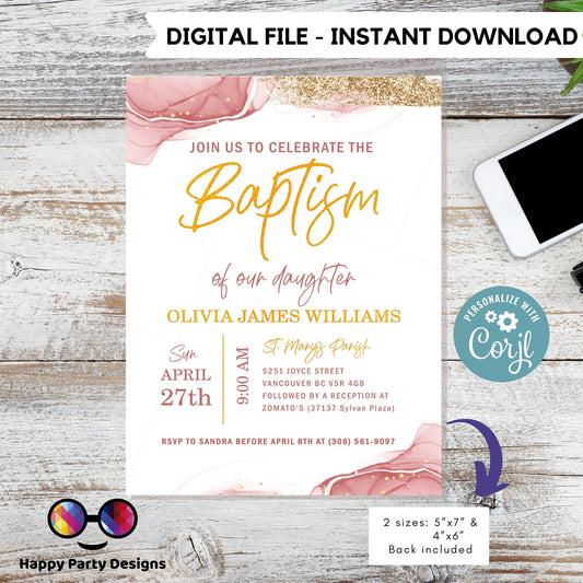 Pink Watercolor Baptism Invitation Template | Gold Christening Baptism | Invitation Girl | Christening | Instant Download #R1