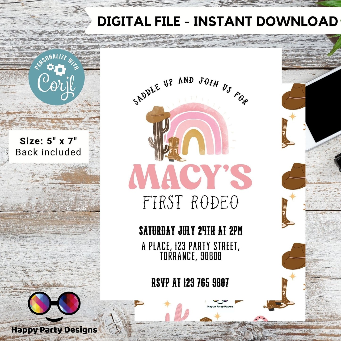 Editable Cowgirl Birthday Party Invitation | Wild West Cowgirl 1st Rodeo Birthday | Birthday girl |Party Southwestern | Ranch Birthday #K135