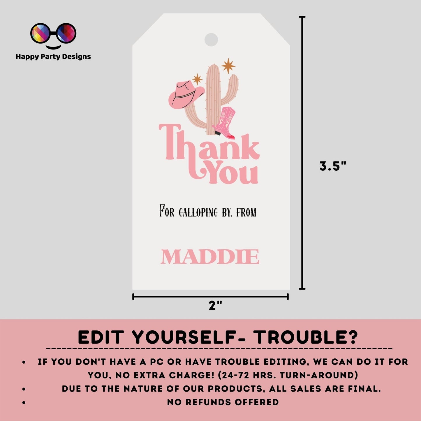 editable Rodeo Thank You Favor Tag | Boho Cowboy 1st Birthday Printable Gift Tag  | Rainbow Birthday girl | Western Bday Template #K136