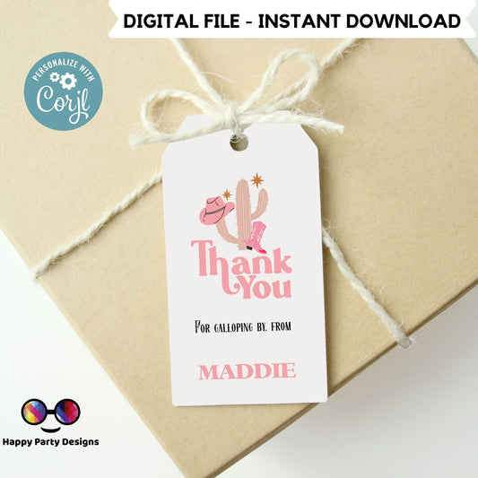 editable Rodeo Thank You Favor Tag | Boho Cowboy 1st Birthday Printable Gift Tag  | Rainbow Birthday girl | Western Bday Template #K136