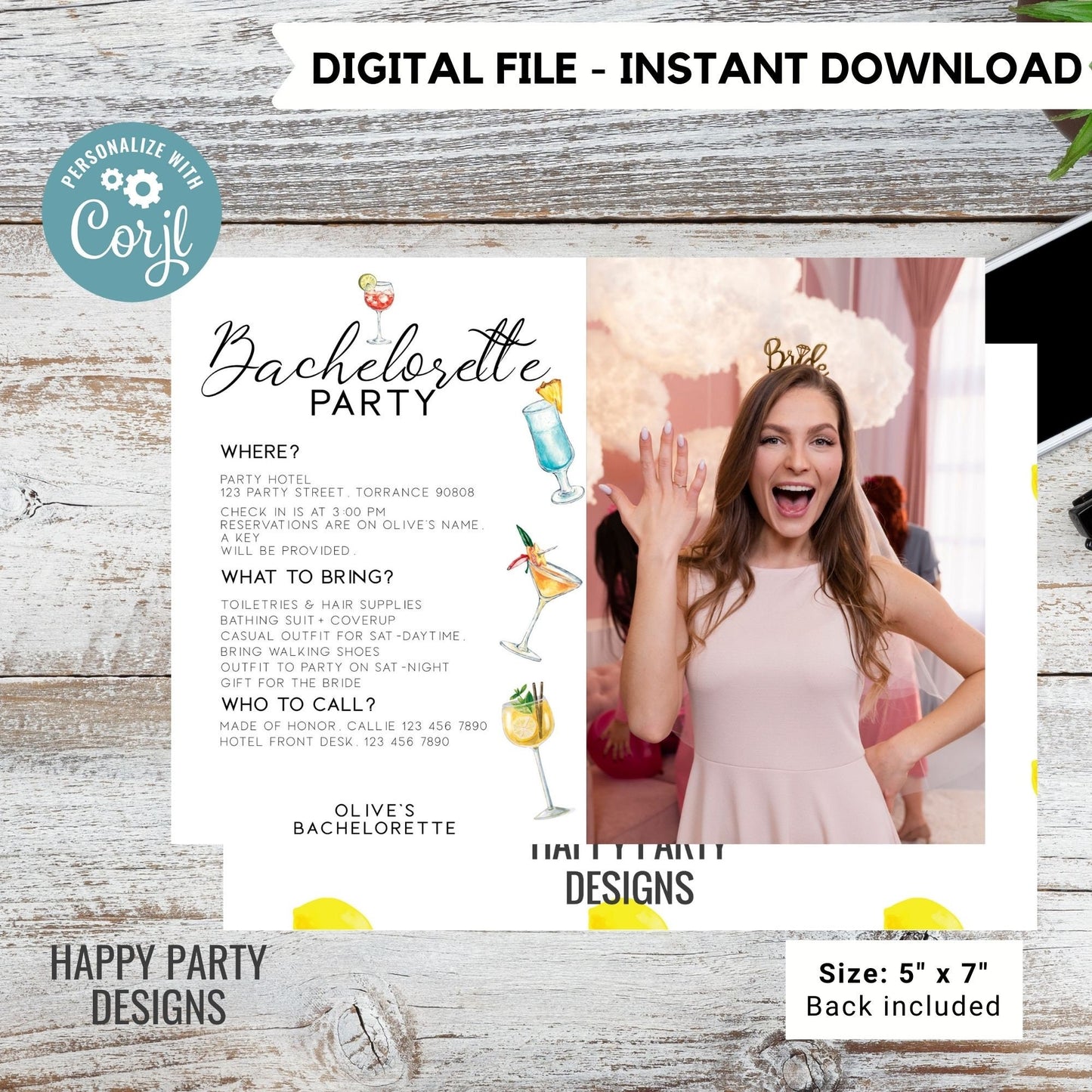 Editable minimalist Cocktails bach Invitation with photo  | Bridal Party Invitation Template | Bach Invite | Let’s Have a Drink or Two #W8