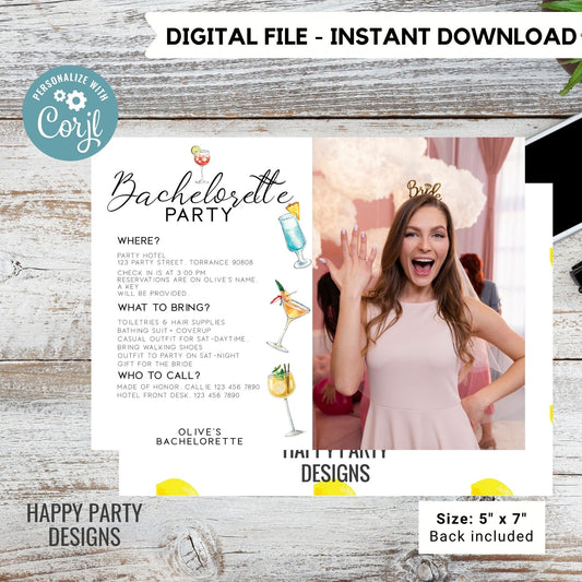 Editable minimalist Cocktails bach Invitation with photo  | Bridal Party Invitation Template | Bach Invite | Let’s Have a Drink or Two #W8