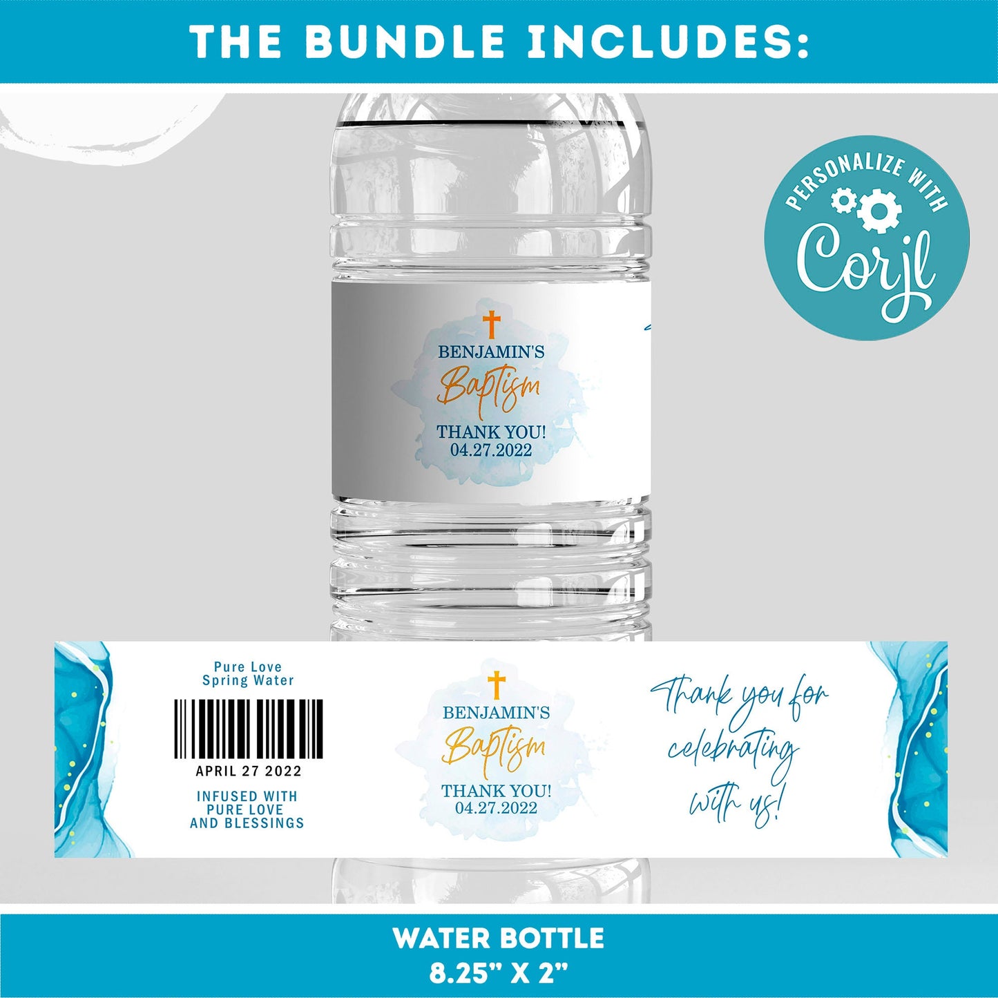 Blue Watercolor Baptism Invitation Bundle Template | Gold Christening Baptism | Invitation Boy | Christening | Instant Download #B32