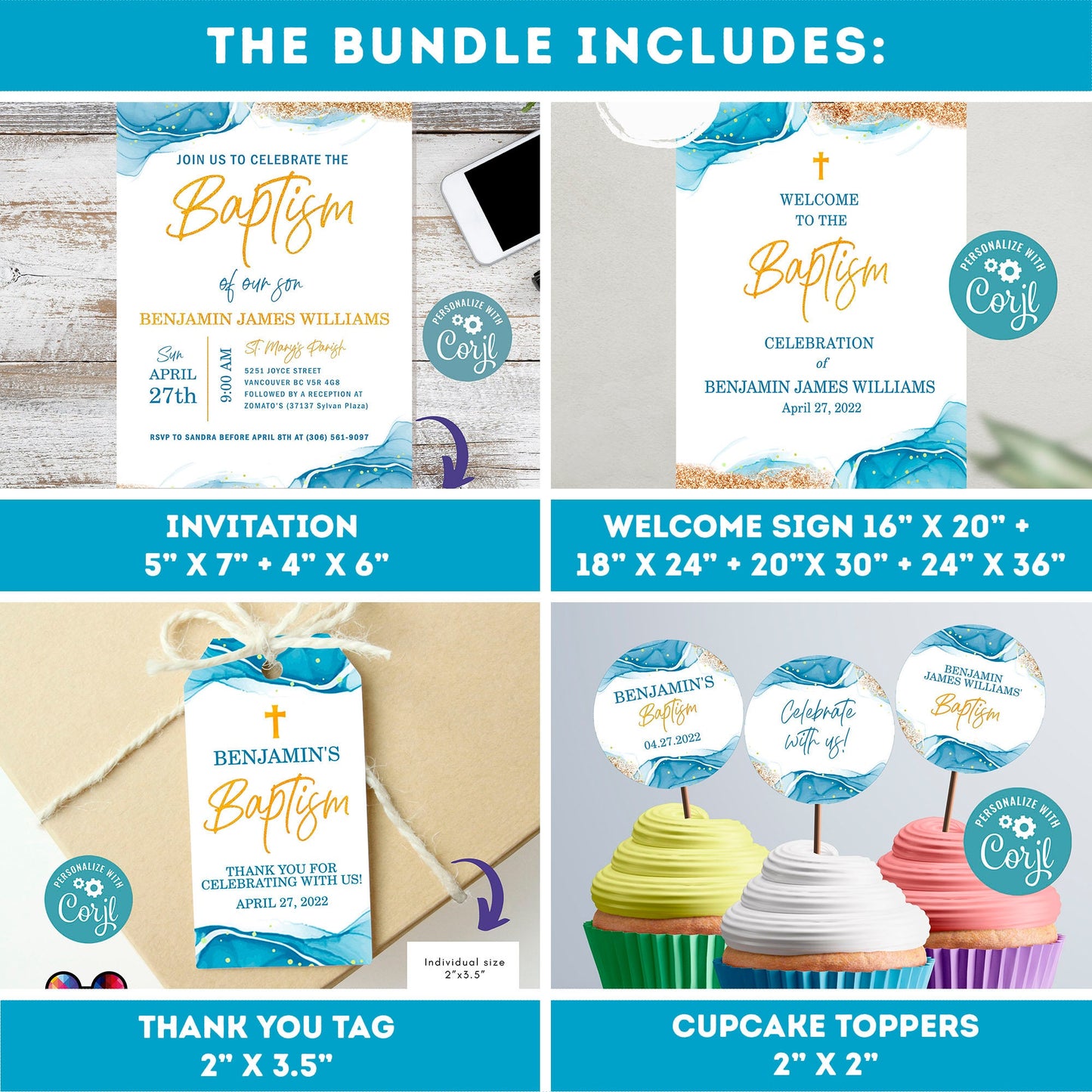 Blue Watercolor Baptism Invitation Bundle Template | Gold Christening Baptism | Invitation Boy | Christening | Instant Download #B32