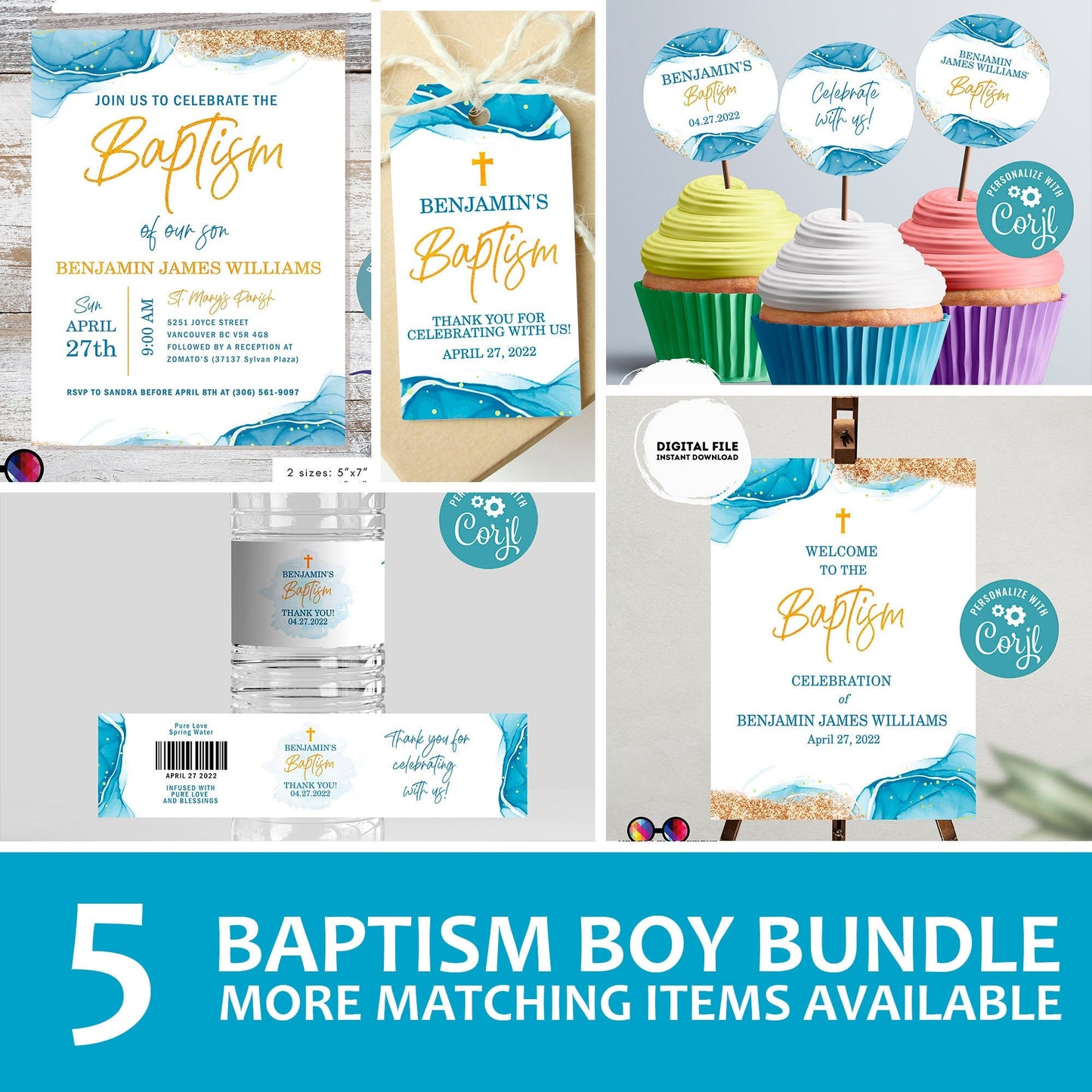 Blue Watercolor Baptism Invitation Bundle Template | Gold Christening Baptism | Invitation Boy | Christening | Instant Download #B32