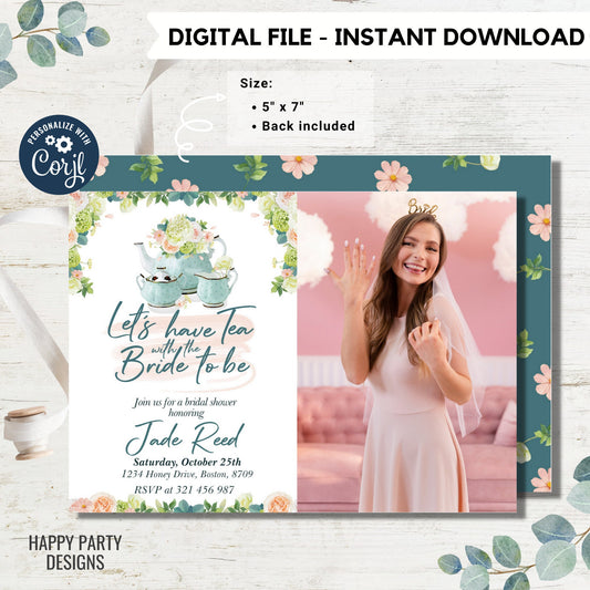 Bridal Shower Tea Party Invitation Template with photo | Printable Bridal Tea Shower Invite | Bridal Brunch | Bridal shower template #W1