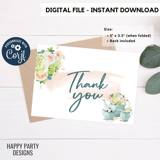 Printable Tea Thank You Card | Bridal Shower | Baby Shower | Folded Notes Blank Inside | Tea Party Thank You Card Template #W1