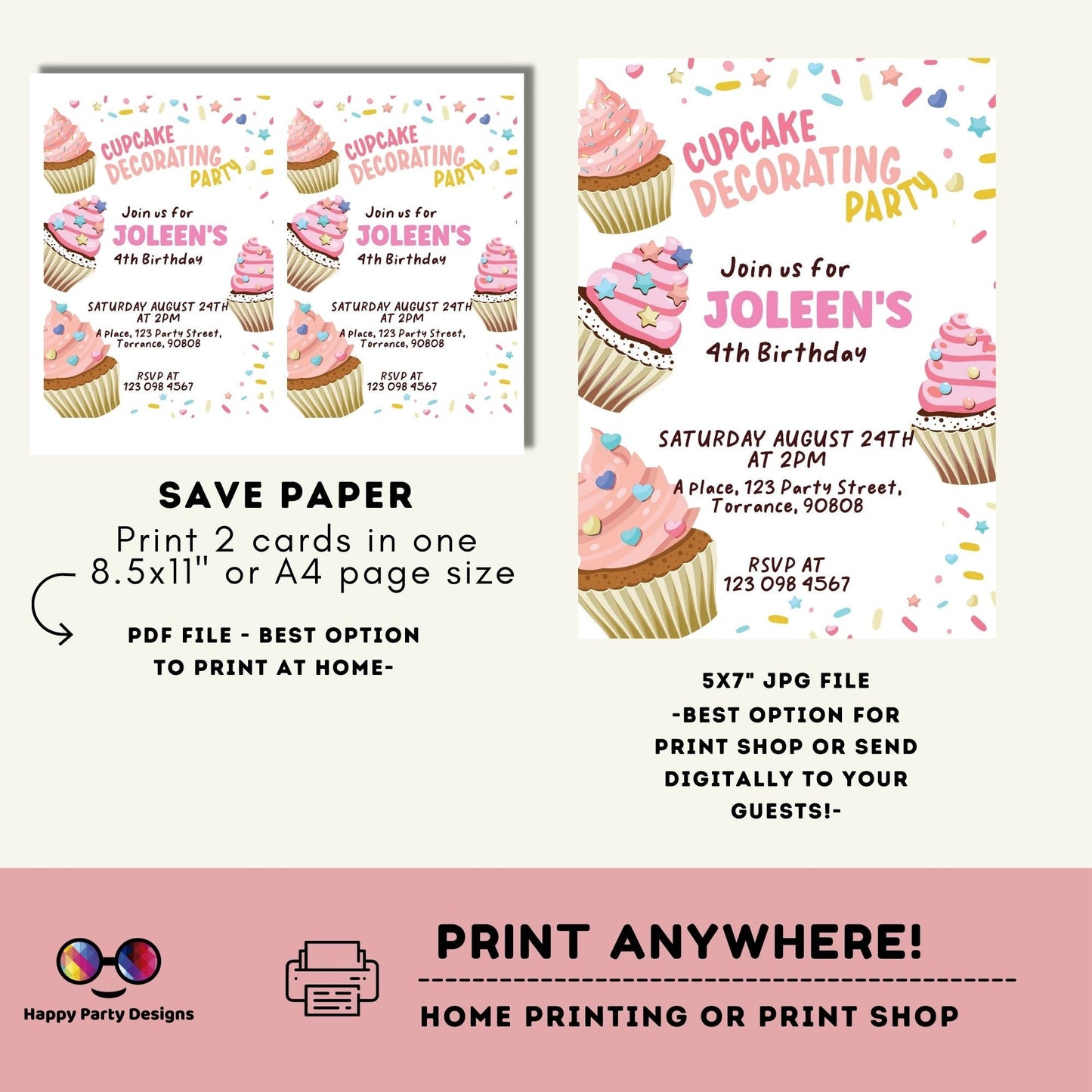 Cupcake Decorating Party Invitation | Cupcake Invitation Cupcake | Birthday girl | Decorating Invitation Girl party #K138