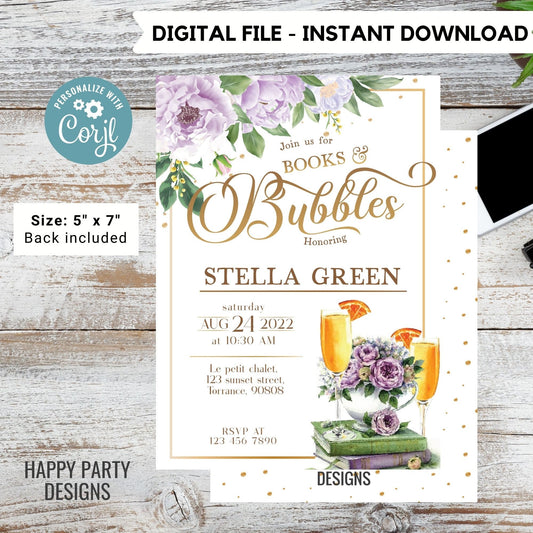 Books and bubbles Themed Bridal Shower Invitation | Love Story Bridal Shower Invitation | Bridal Brunch Wedding Shower | tea Bridal #W9