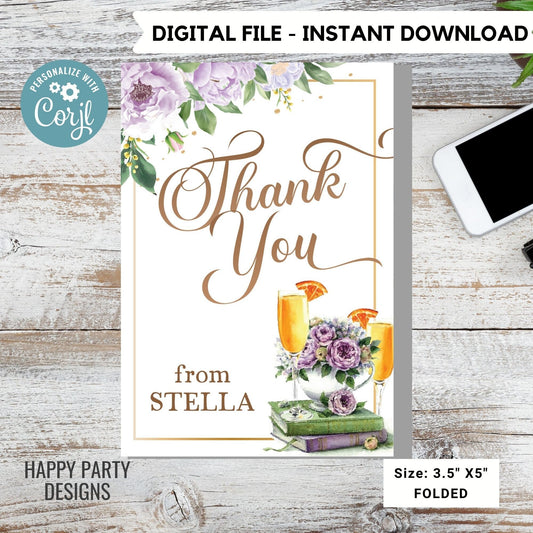 Editable Books and mimosas Themed Thank You Card | Bridal Shower | Baby Shower | Folded Notes Blank Inside | Printable brunch Thank You  #W9