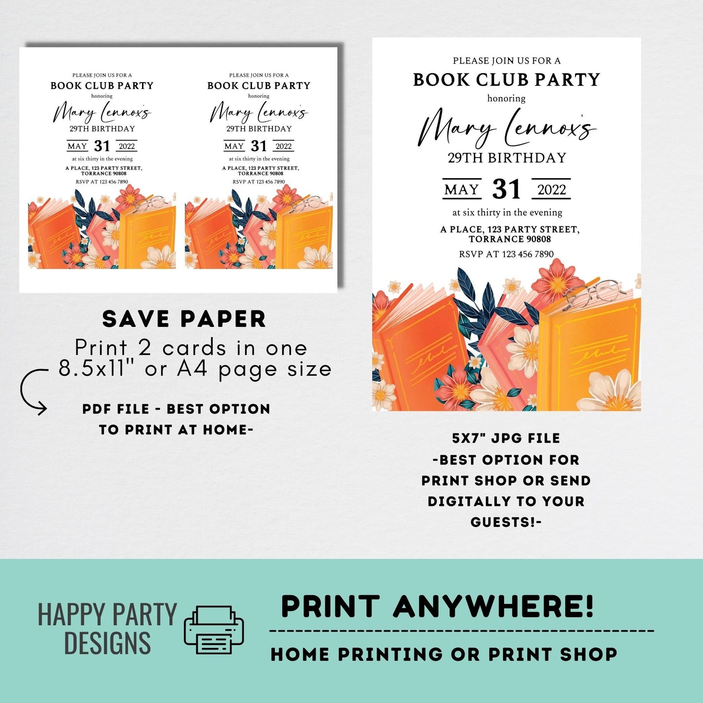 book club party invitation | bridal shower | reader party invite | library party printable template | Floral Book Invitation  #A13