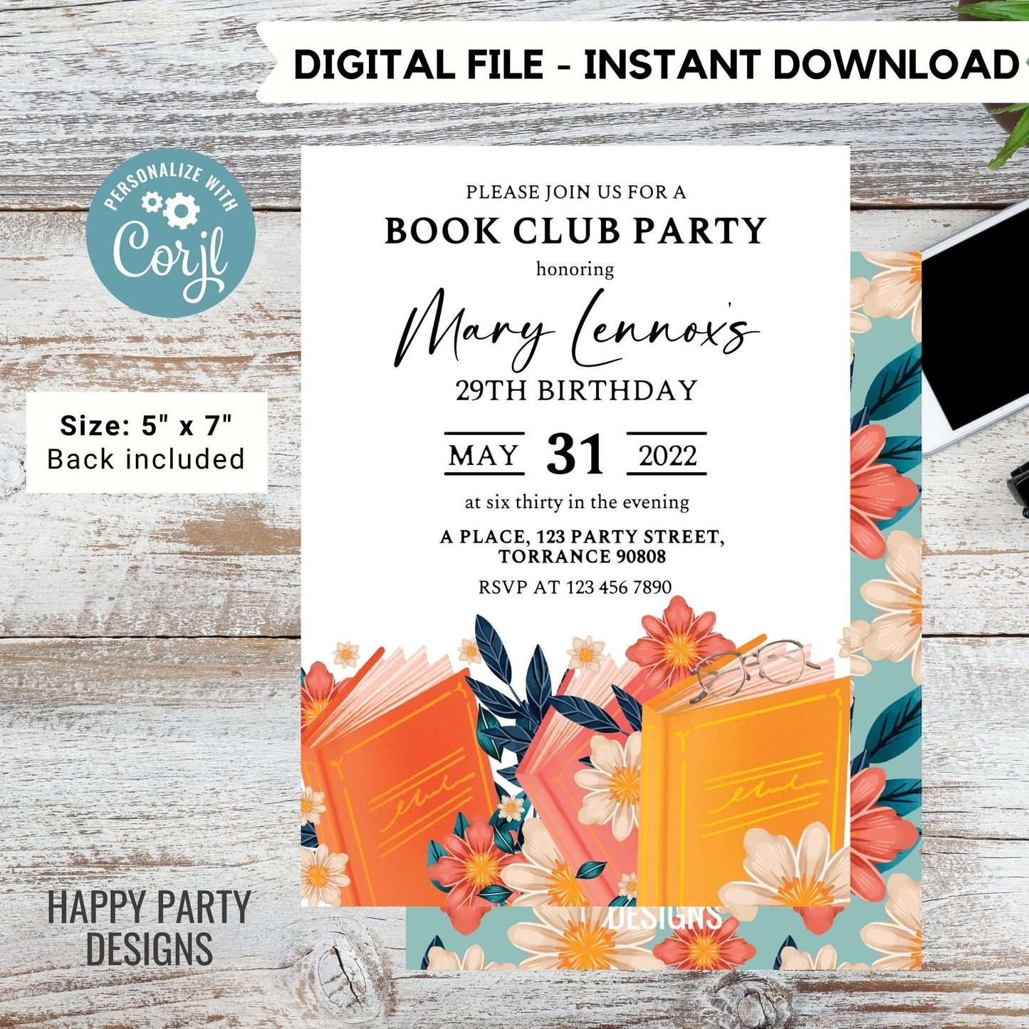 book club party invitation | bridal shower | reader party invite | library party printable template | Floral Book Invitation  #A13