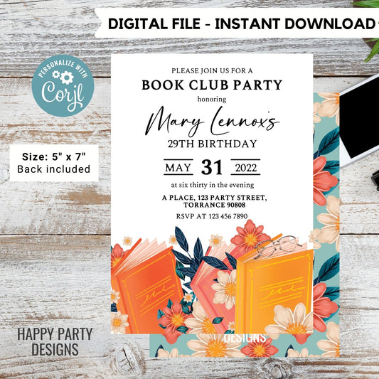 book club party invitation | bridal shower | reader party invite | library party printable template | Floral Book Invitation  #A13