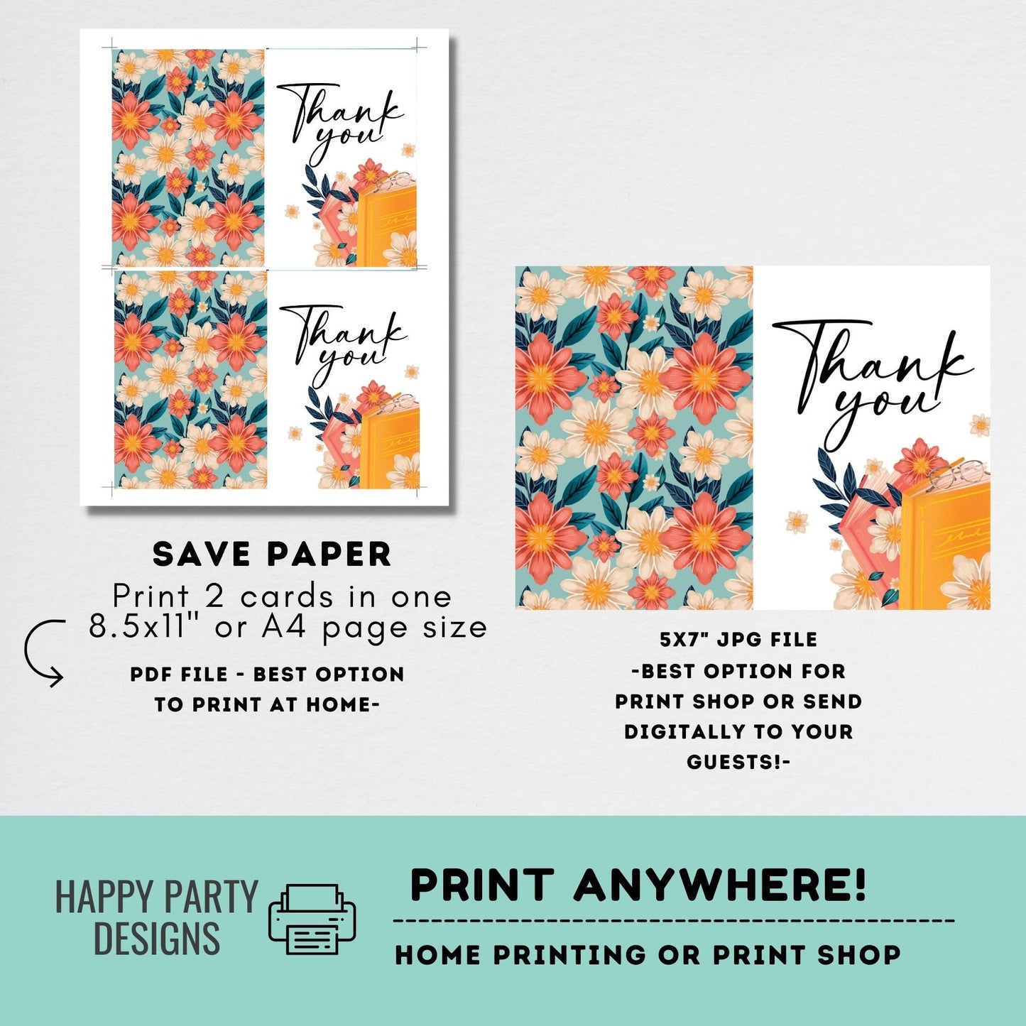 Book Themed Thank You Card Download | Bridal Shower | Baby Shower | Folded Notes Blank Inside | Thank You Book Lover Card #A13