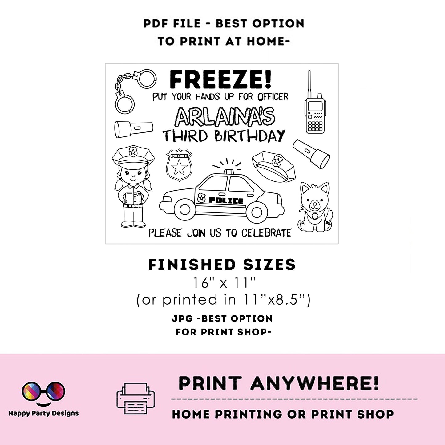 Editable police coloring page  | police Party | Police Girl Placemat | Editable Instant Download | Edit Online Corjl | INSTANT ACCESS #K112