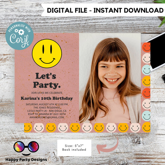 Editable Smiley face invitation with picture | Groovy One Retro Birthday invite | 10th Birthday | Retro |  70s Flower Power | any age #K144