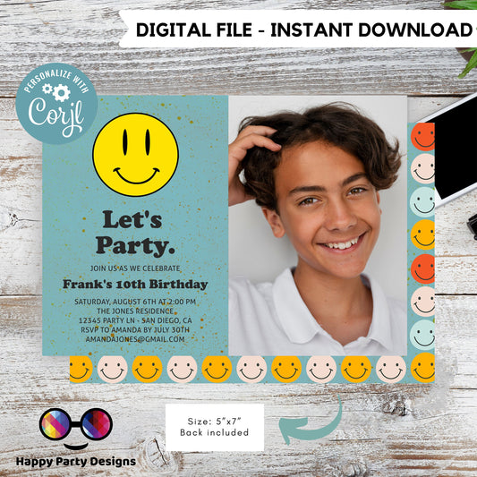 Editable Smiley face invitation with photo | Groovy One Retro 10th Birthday Invitation | Birthday Retro |  70s Flower Power | any age #K144