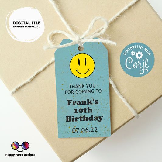 Editable Smiley face Thank you tag | Digital retro thank you tag  | Groovy Thank You tag | birthday boy | retro party #K144