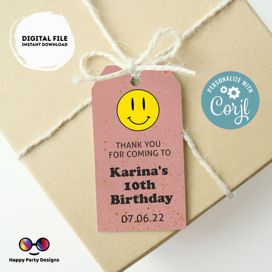 Editable Smiley face Thank you tag | Digital retro thank you tag  | Groovy Thank You tag | birthday girl | retro party #K144