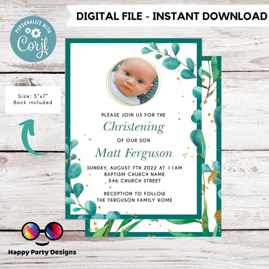 greenery Watercolor Baptism Invitation with photo | Gold Christening Baptism | Invitation boy | emerald | Christening | Instant Download #R4