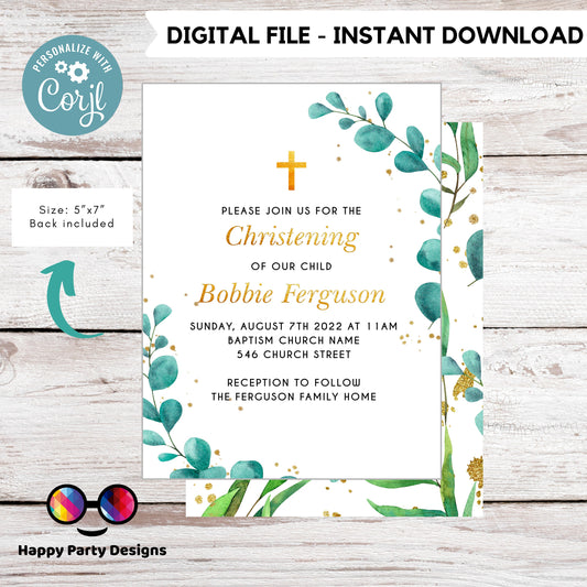 greenery Watercolor Baptism Invitation | Gold Christening Baptism | gender neutral | Christening | Instant Download #R5