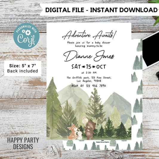Editable Woodland Baby Shower Invitation | Adventure awaits Baby Shower Invite | teddy bear, bunny, reindeer | greenery baby shower #B35