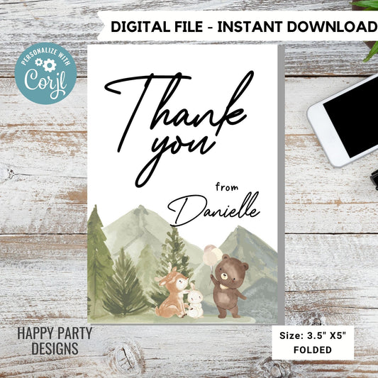 editable woodland Teddy bear baby shower thank you card | baby shower Thank you card | baby shower card | baby teddy card template #B35