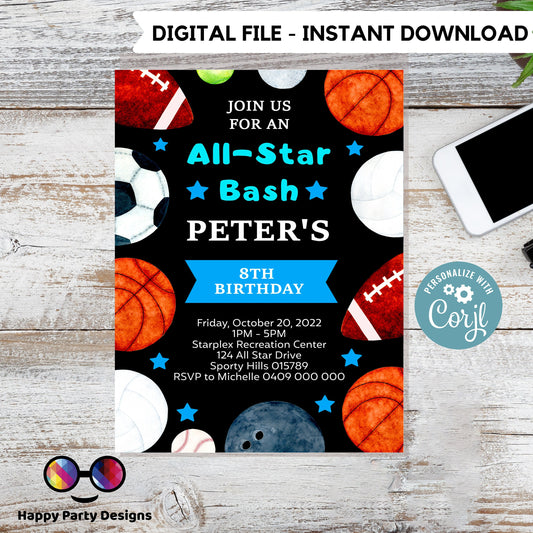 Editable Sports Birthday Invitation | Sports Invitation | Sports party Invitation | All Star Party Invite | Editable Instant Download #K141