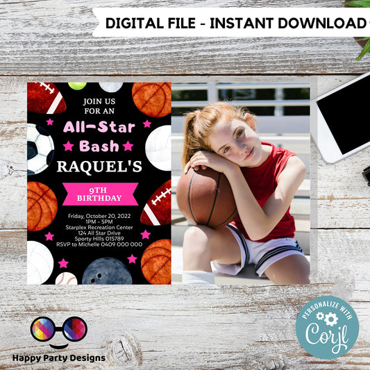 Editable Sports Birthday Invitation | Sports Invitation with photo | Sports party Invitation | All Star Party Invite |Instant Download #K140