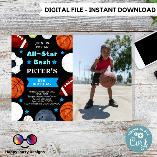 Editable Sports Birthday Invitation | Sports photo Invitation | Sports party Invitation | All Star Party Invite Instant Download #K141
