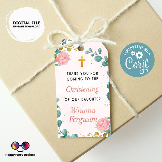 Editable Baptism Favor Tags | eucalyptus favor Tags  |  Rectangle Gift Tag | Thank You tag | girl Baptism Blush pink | Christening #R3