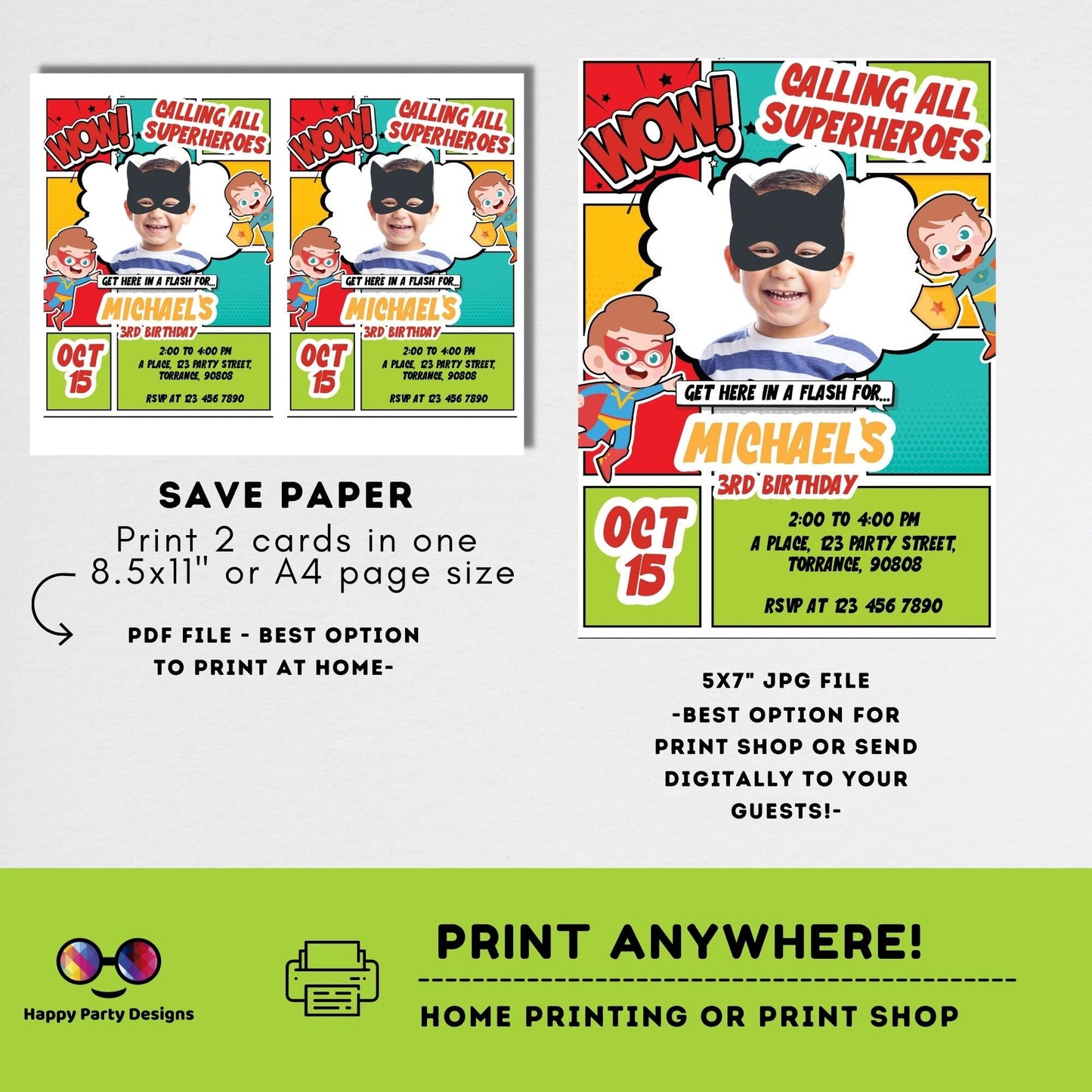 Boy Superhero Invitation with photo | boy Superhero Comic Birthday Invite | Birthday boy | boy Superhero Birthday Invitation  #K171