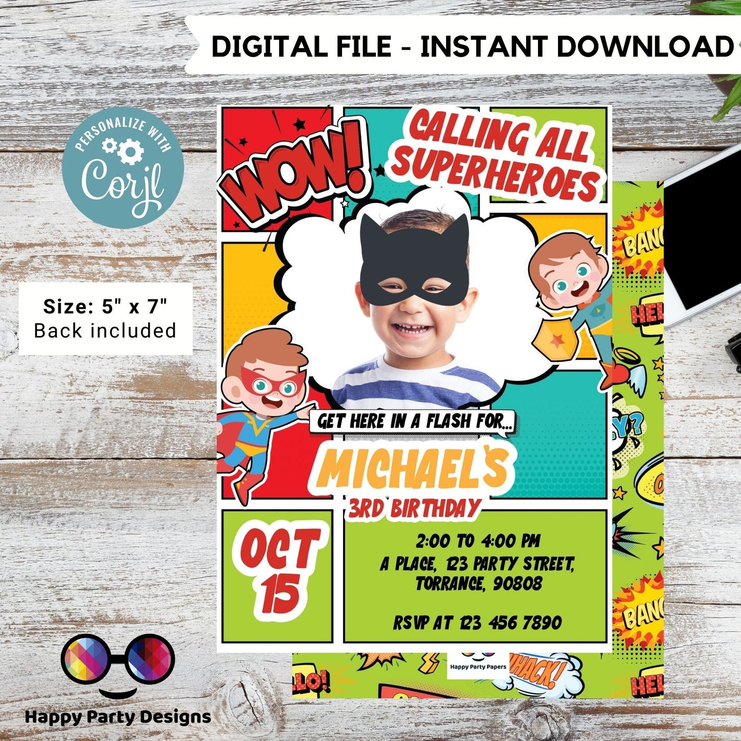 Boy Superhero Invitation with photo | boy Superhero Comic Birthday Invite | Birthday boy | boy Superhero Birthday Invitation  #K171