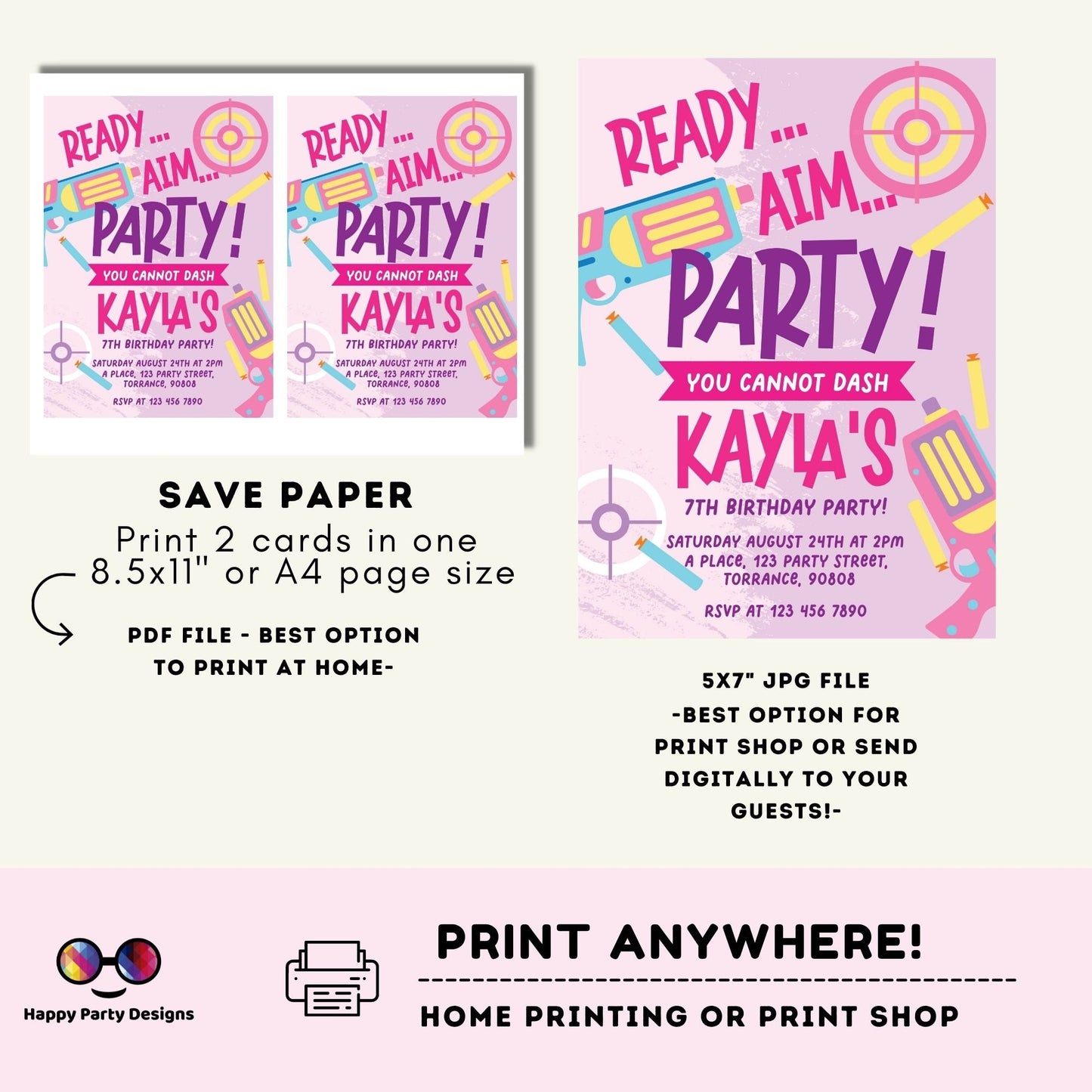 Kids Editable dart gun Birthday Invitation Template |Printable Birthday dart gun Party Invitations | Birthday girl Gun Blasters Battle #K172