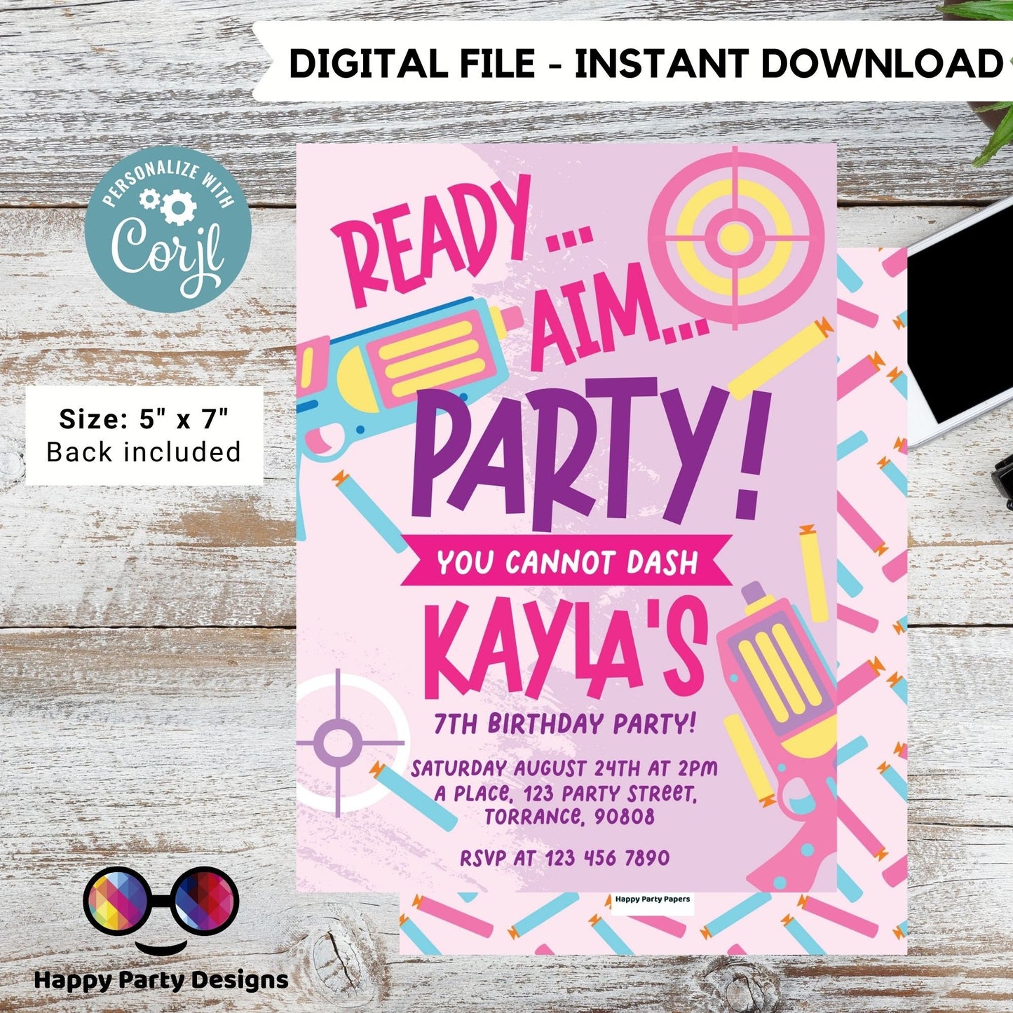Kids Editable dart gun Birthday Invitation Template |Printable Birthday dart gun Party Invitations | Birthday girl Gun Blasters Battle #K172