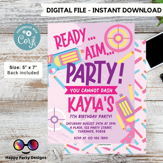 Kids Editable dart gun Birthday Invitation Template |Printable Birthday dart gun Party Invitations | Birthday girl Gun Blasters Battle #K172