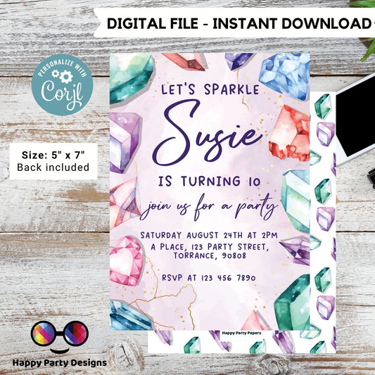 Editable let's rock Birthday Invitation Template | Pink Geode Birthday Invitation | Printable Birthday | She's a Gem party invite #K173