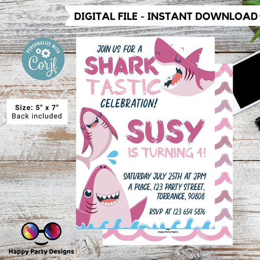 Shark Invitation | Editable Ocean Invitation | under the sea party | under the sea Evite | girl birthday | any age | editable on line #K146