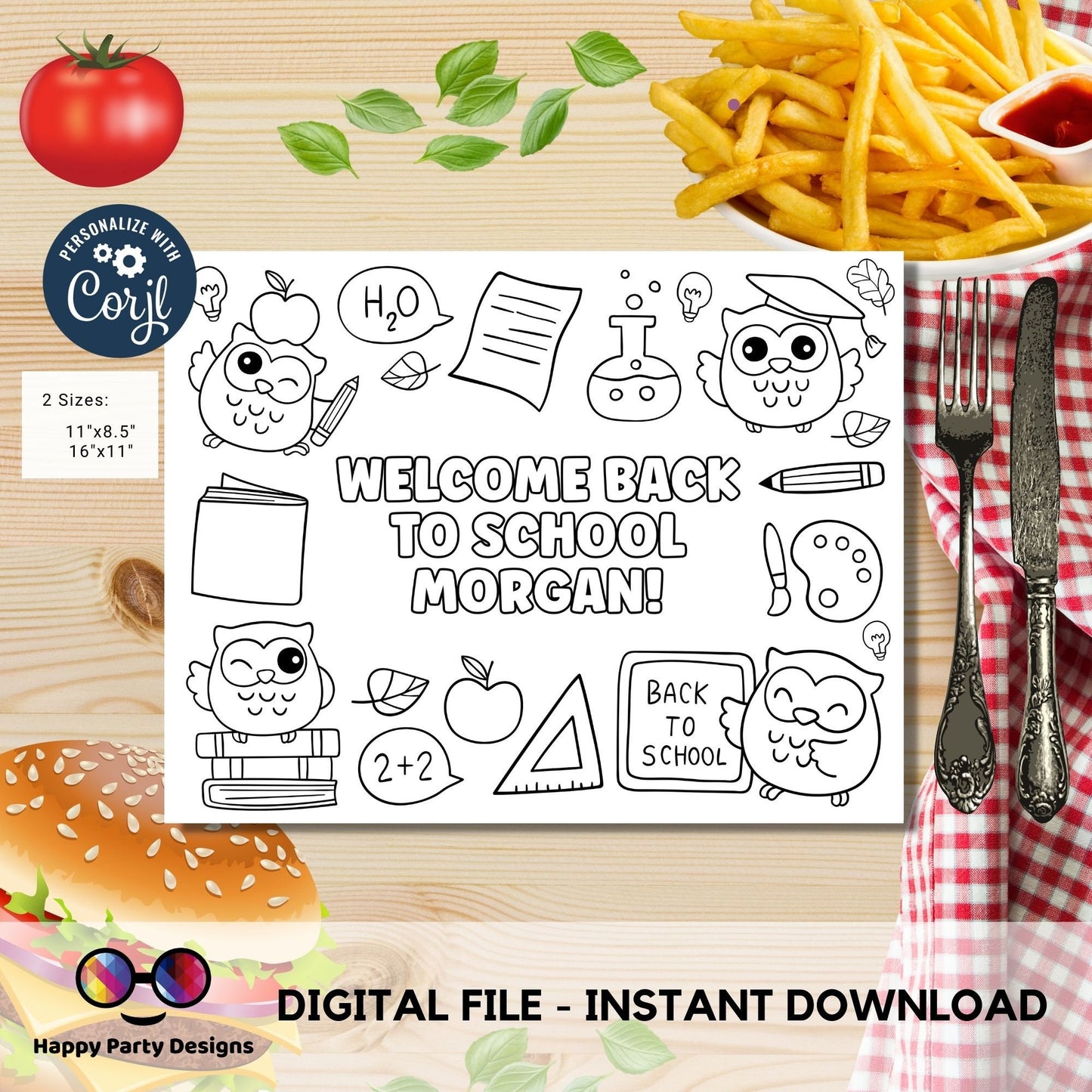 Editable first  day of school coloring page | Placemat coloring page | Any Age | Owls | welcome back to school placemat